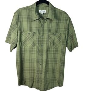 Orvis Mens M green plaid short sleeve button up shirt, casual outdoor tech woven